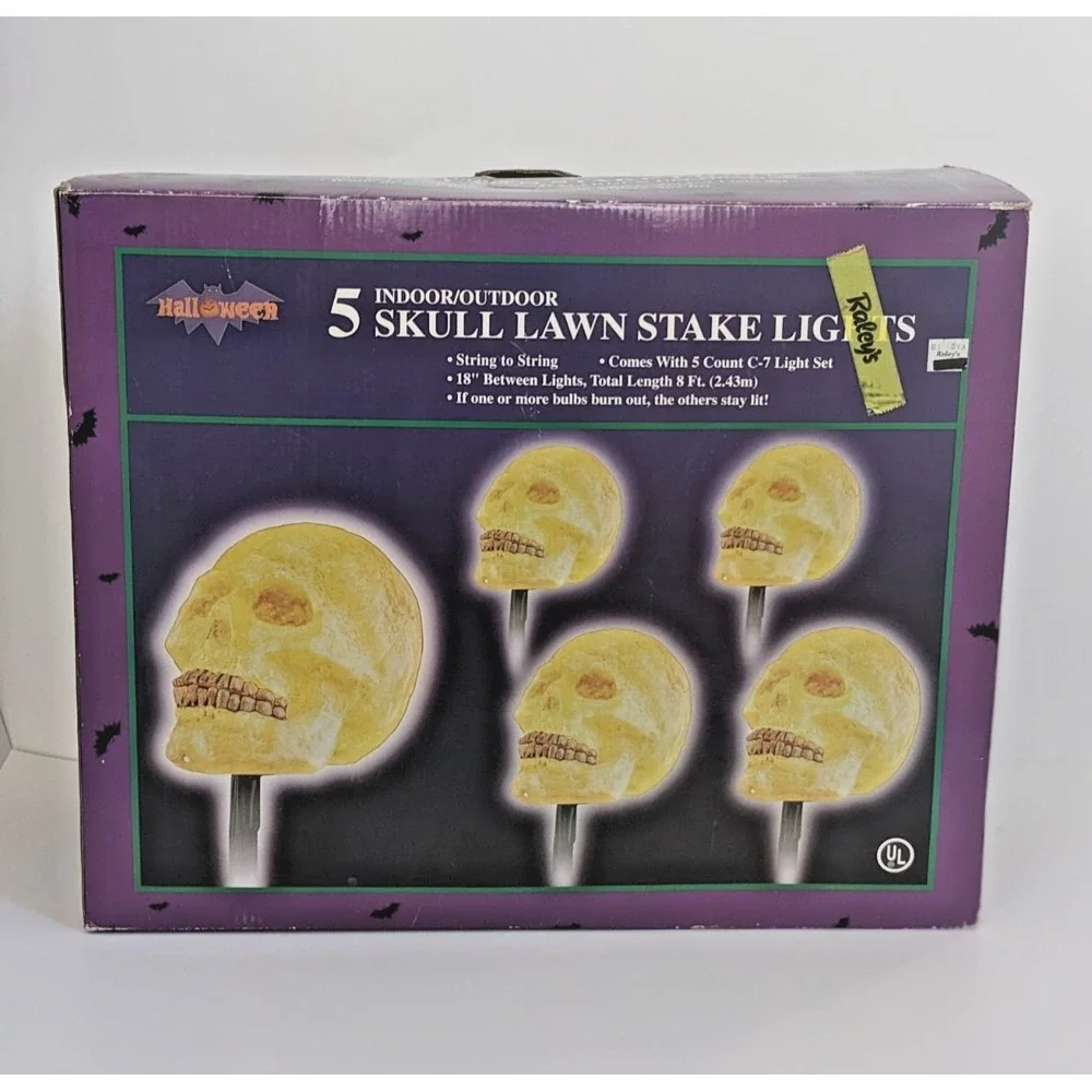 Vintage Halloween Skull Lawn Stake Lights Set of 5 Outdoor Yard Path Lights C7‎